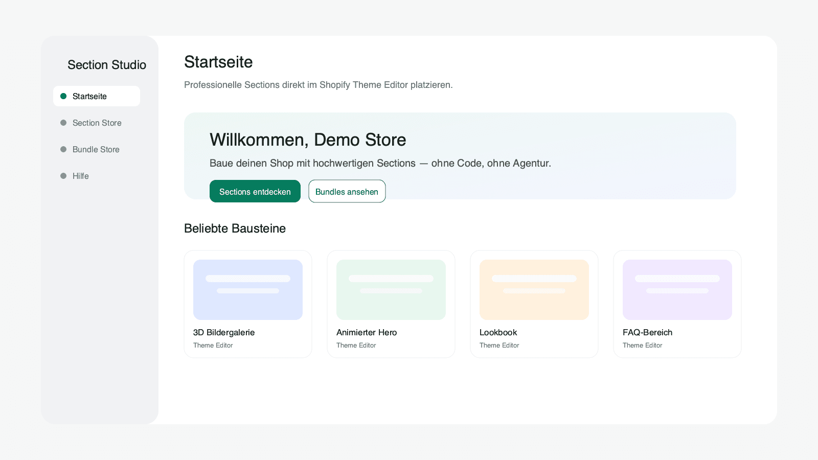 Section Studio Dashboard im App-Admin
