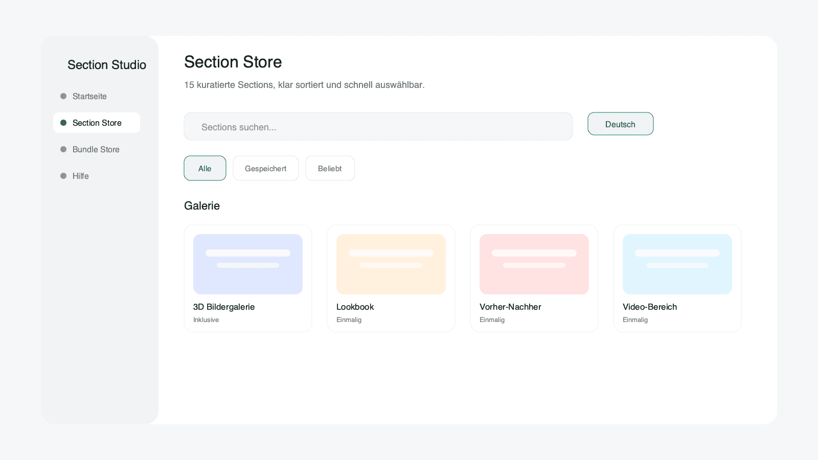 Section Studio Bibliothek mit auswählbaren Shopify Sections